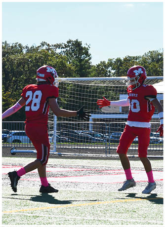 Two people in red football uniforms with pink socks are reaching out to each other on a football field near a goalpost. Description generated by AI