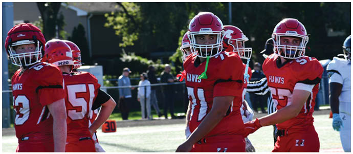 People wearing red football uniforms with helmets are standing on a field with one person in a white uniform nearby. Description generated by AI