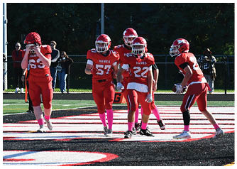 Several people wearing red football uniforms are standing on a field near the end zone with a black and white striped surface and green trees in the background. Description generated by AI