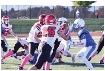 Players in red and white uniforms and players in blue and white uniforms are actively engaged in a football game on a green field with a fence and trees in the background. Description generated by AI