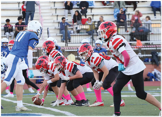 A group of people in football uniforms are lined up on a field facing each other, preparing for a play during a game with spectators in the background. Description generated by AI