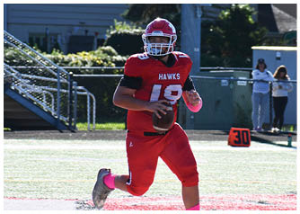 A person wearing a red football uniform with the word “HAWKS" and the number 15 is running on a field while holding a football. Description generated by AI
