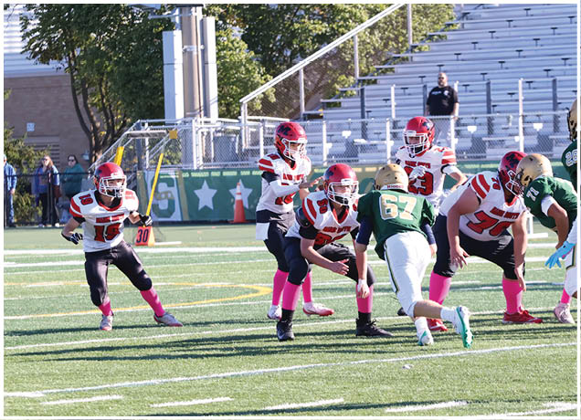 A group of people wearing football uniforms are actively playing on a field with one person holding the ball and others preparing to block or tackle. Description generated by AI