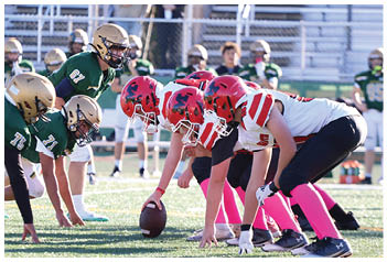 Adults in football uniforms from two opposing teams are lined up facing each other on a field, preparing for a play during a game. Description generated by AI