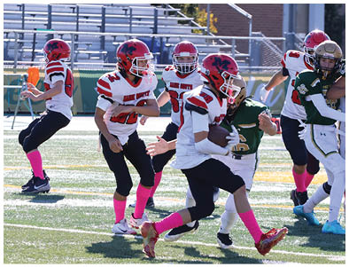 Children wearing football uniforms with red helmets and pink socks are playing a game on a grassy field with bleachers in the background. Description generated by AI