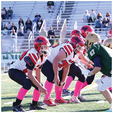 Two people in red and black football uniforms are blocking a person in a white and black uniform on a football field during a game. Description generated by AI
