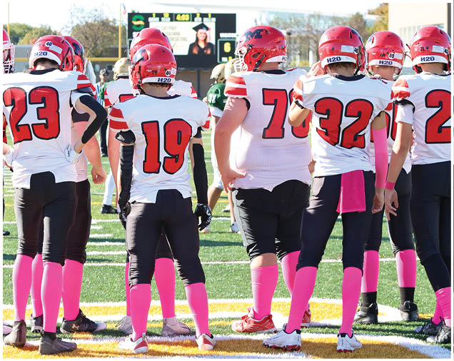A group of people wearing white and red football uniforms with pink socks stand on a football field facing away from the camera. Description generated by AI