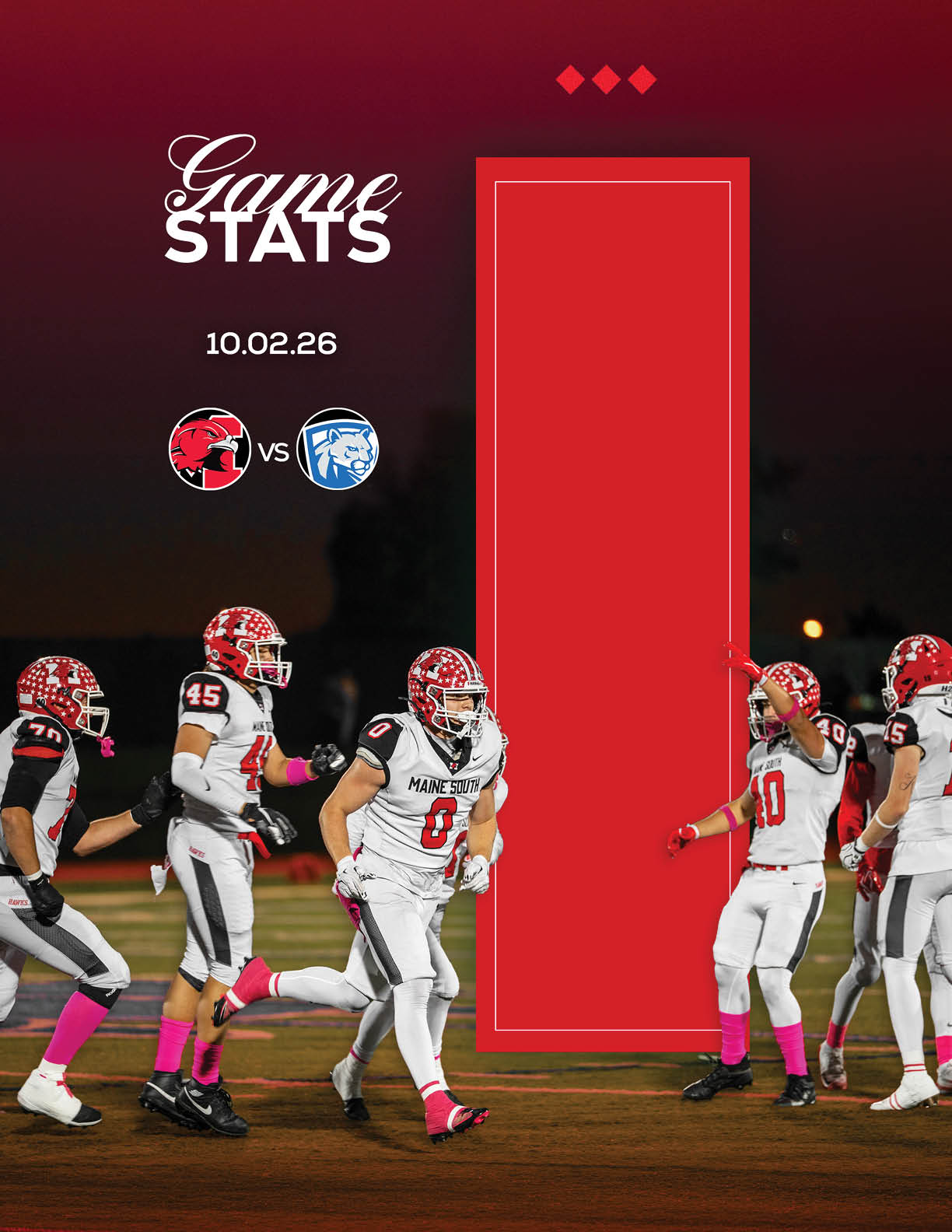 A group of football players in white and red uniforms with pink socks are on a field at night with a graphic overlay showing game stats and team logos. Description generated by AI