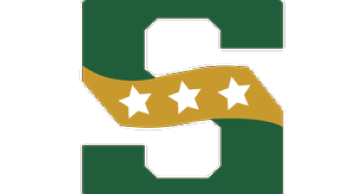 A large green letter S with a gold ribbon across the middle containing three white stars. Description generated by AI