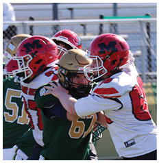 Two people wearing football uniforms and helmets are engaged in a physical play on a football field. Description generated by AI
