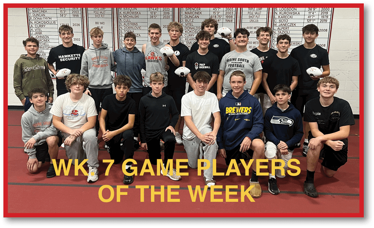 A group of people wearing casual sportswear pose indoors in front of a wall with lists, some holding footballs, with text reading WK 7 GAME PLAYERS at the bottom. Description generated by AI