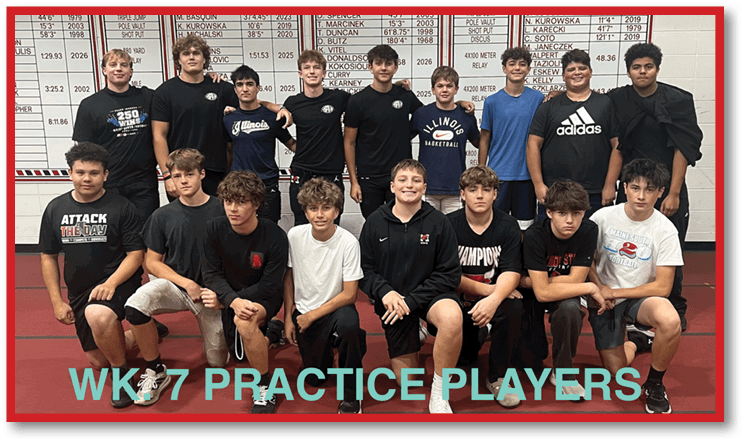 A group of people wearing casual sportswear pose together indoors in front of a wall with charts and text, with the caption “WK 7 PRACTICE PLAYERS" displayed at the bottom. Description generated by AI