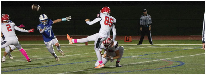 People in football uniforms are on a field with one person kicking a ball held by another while others and referees watch. Description generated by AI