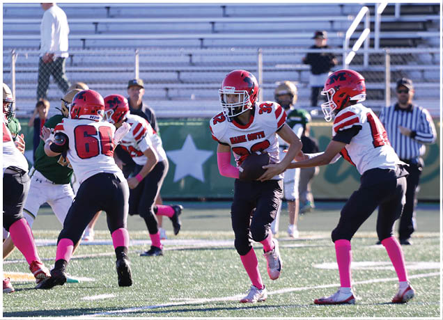 Adults wearing football uniforms with red helmets and pink socks are playing on a green field with bleachers in the background. Description generated by AI