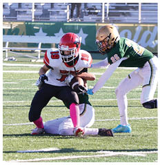Two people in football uniforms are engaged in a play on a grassy field with one person holding the ball while another attempts to tackle them. Description generated by AI