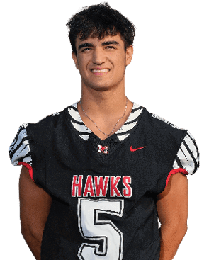 A person with short dark hair is wearing a black sports jersey with red and white lettering that says “HAWKS" and is smiling against a white background. Description generated by AI