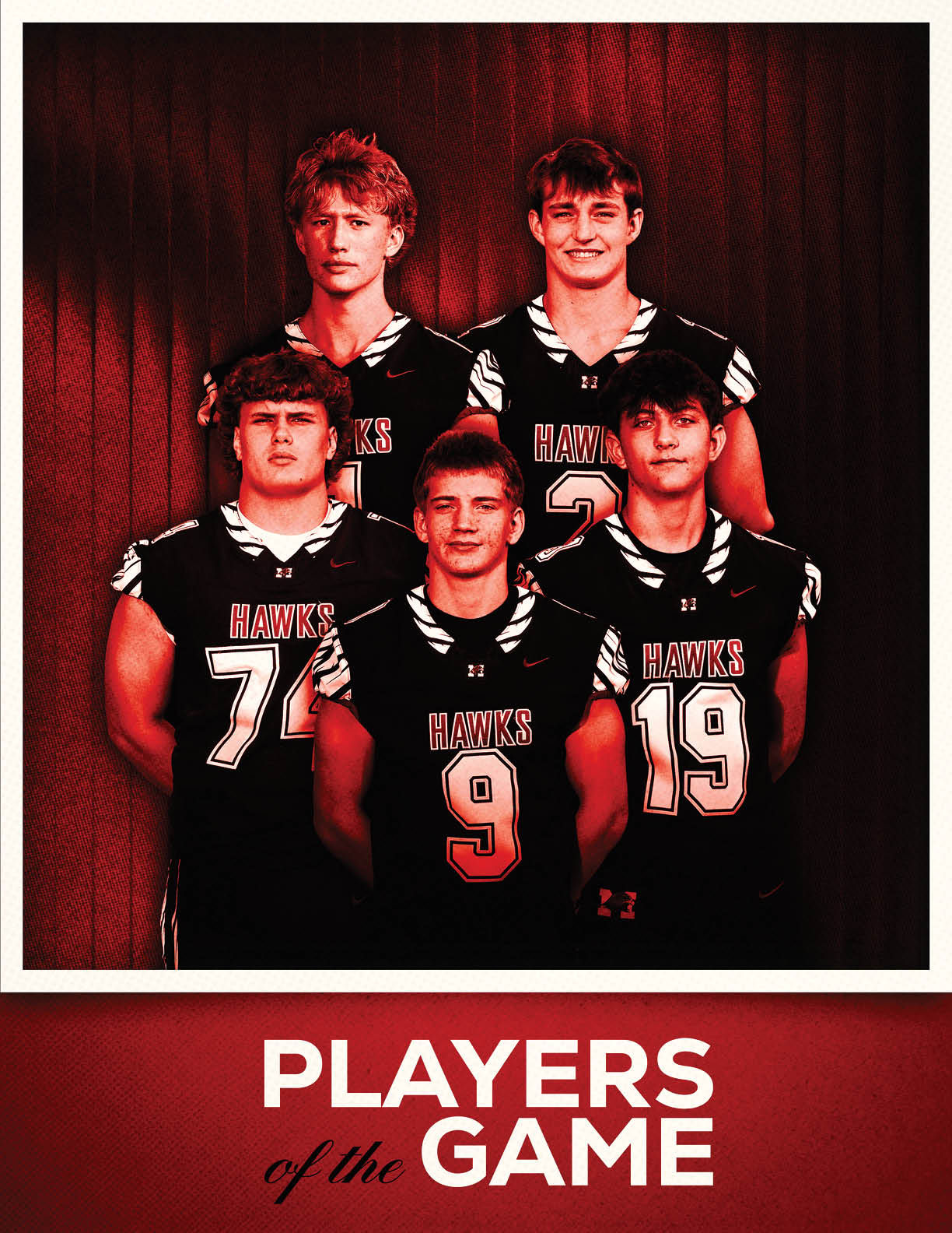 Five people wearing black sports jerseys with the word “HAWKS" pose together against a red background with the text "PLAYERS of the GAME" below them. Description generated by AI