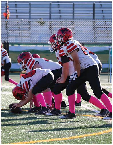 Several people in football uniforms with red helmets and pink socks are lined up on a field preparing for a play. Description generated by AI