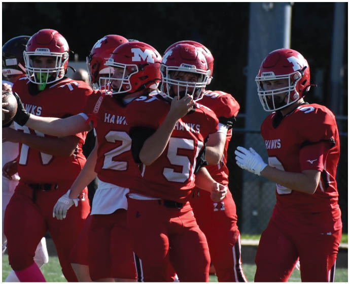 People wearing red football helmets and red jerseys with the word “HAWKS" are gathered closely together on a field. Description generated by AI