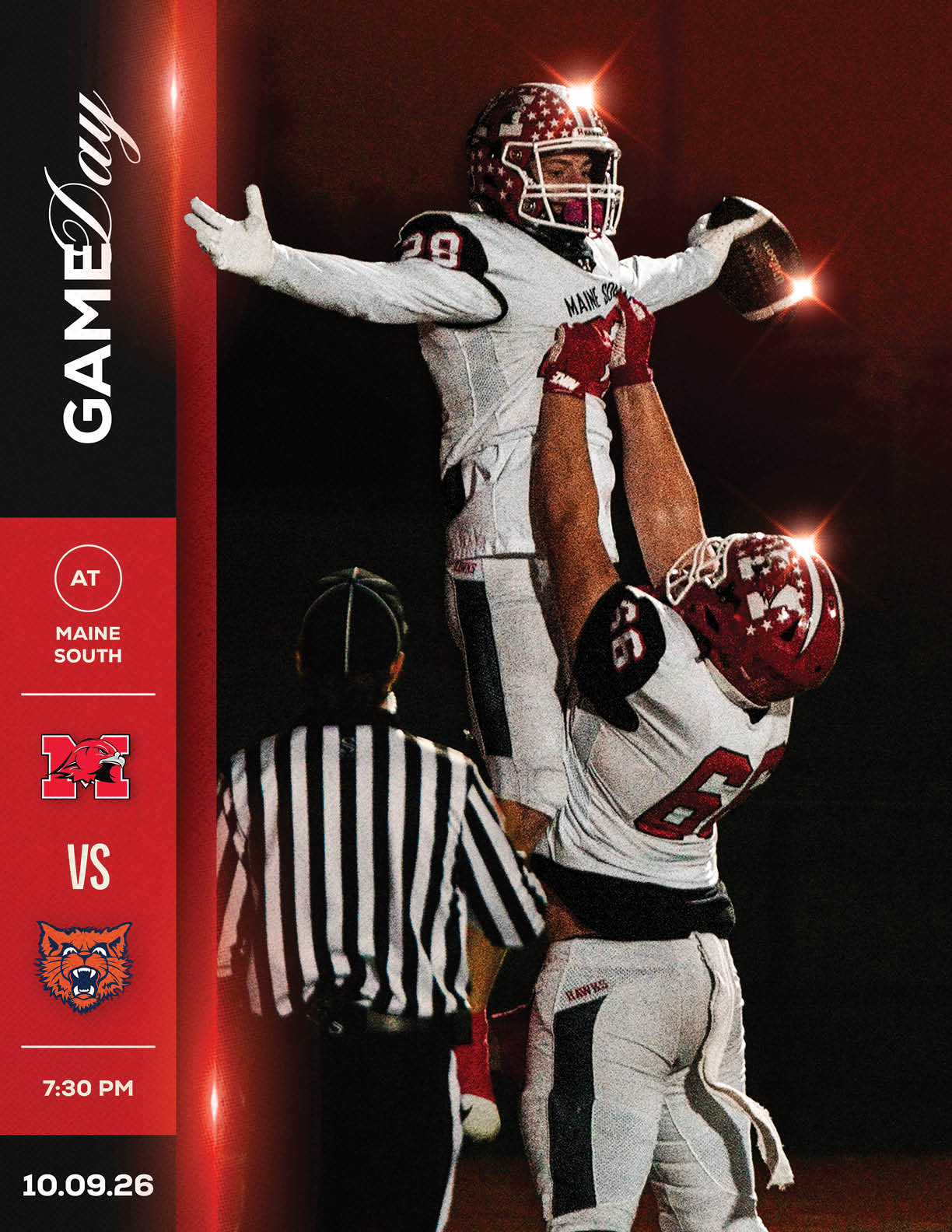 Two athletes in football uniforms celebrate a touchdown with one lifting the other in the air while a referee watches nearby and a graphic on the side shows a game day announcement for a match between Maine South and an opposing team. Description generated by AI