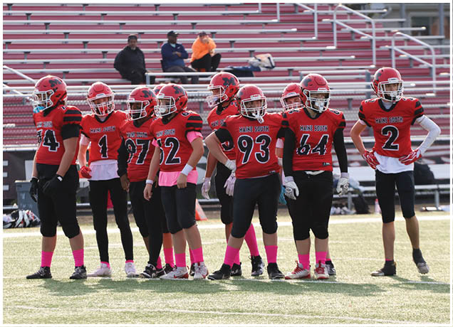 A group of people wearing red football uniforms with pink socks stand together on a field with empty bleachers in the background. Description generated by AI
