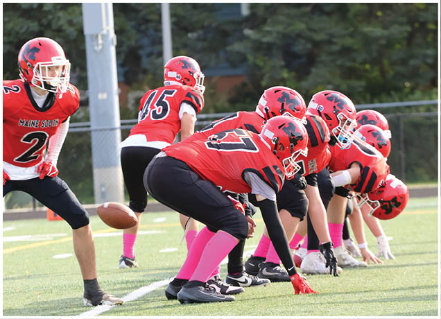 A group of people wearing football uniforms and helmets are gathered on a field, some holding water bottles and one holding a helmet. Description generated by AI