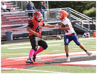 Two people in football uniforms are engaged in a play on a field, with one person wearing bright pink socks and reaching toward the other who is holding a football. Description generated by AI