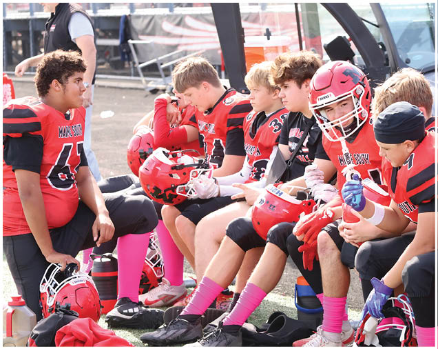 A group of people wearing red and black football uniforms with pink socks are sitting and standing on the sidelines of a sports field, some holding helmets and water bottles. Description generated by AI