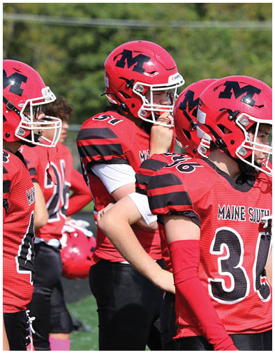 Two people wearing red football helmets and red jerseys with black stripes stand on a field, one with the number 36 and the other with the number 31. Description generated by AI