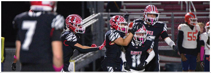 People in football uniforms are celebrating on the field while others in different uniforms stand on the sidelines. Description generated by AI