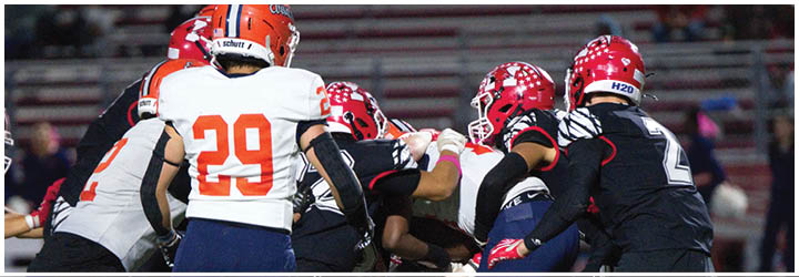 Several people wearing sports uniforms are engaged in a close physical play on a grassy field. Description generated by AI