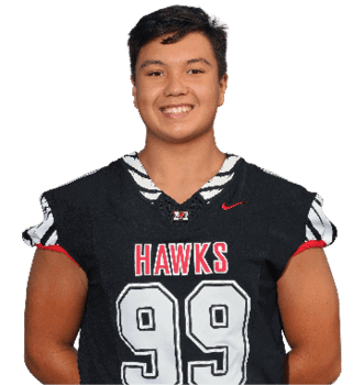 A person wearing a black sports jersey with the word “HAWKS" and the number 99 is smiling against a white background. Description generated by AI