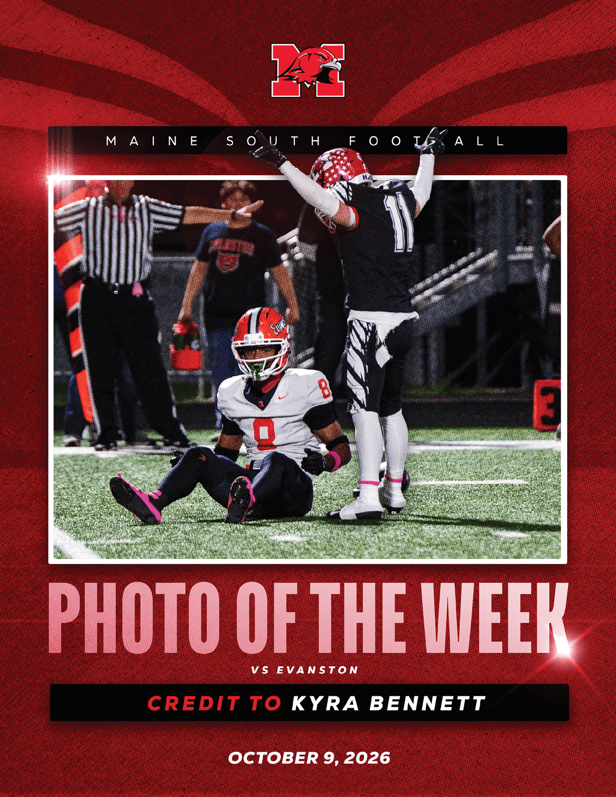A person in a black and white football uniform celebrates with arms raised while another person in a white and orange football uniform sits on the field during a game between Maine South and Evanston. Description generated by AI