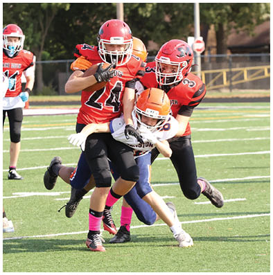 Three people in football uniforms are engaged in a tackle on a grassy field during a game. Description generated by AI
