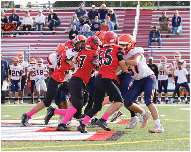 Several people wearing red and black football uniforms are engaged in a play against opponents in white and blue uniforms on a sports field with spectators in the background. Description generated by AI