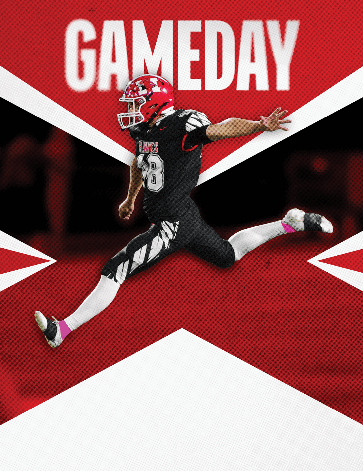 A person in a football uniform with a red helmet is captured mid-air in a dynamic split leap against a red and white background with the word GAMEDAY in bold white letters above. Description generated by AI