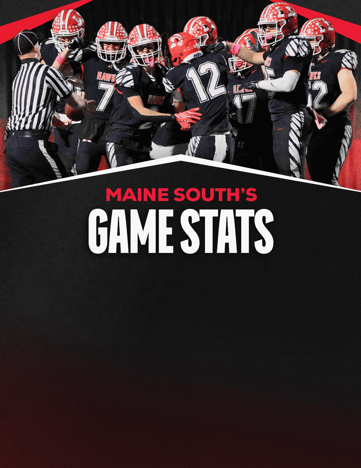 A group of football players in black uniforms with red helmets are gathered together on a field with a referee nearby, above bold text reading Maine South's Game Stats. Description generated by AI