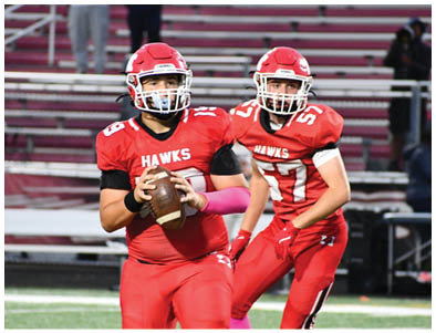 Two people in red football uniforms and helmets are on a field, with one holding a football and the other preparing to move. Description generated by AI