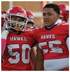 A person wearing a red football uniform with the word “HAWKS" and a helmet is adjusting their helmet while standing on a field. Description generated by AI