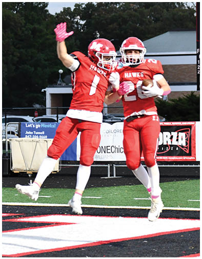 Two people in red football uniforms jump in celebration on a football field near the end zone. Description generated by AI