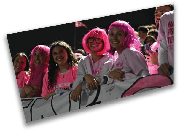 A group of people wearing pink shirts and some with bright pink wigs are smiling and leaning on a railing at an outdoor event during nighttime. Description generated by AI