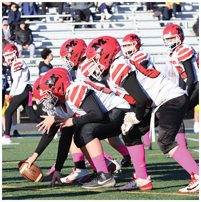 People wearing football uniforms are actively engaged in a play on a grassy field with one player in a red jersey blocking an opponent in a white jersey. Description generated by AI