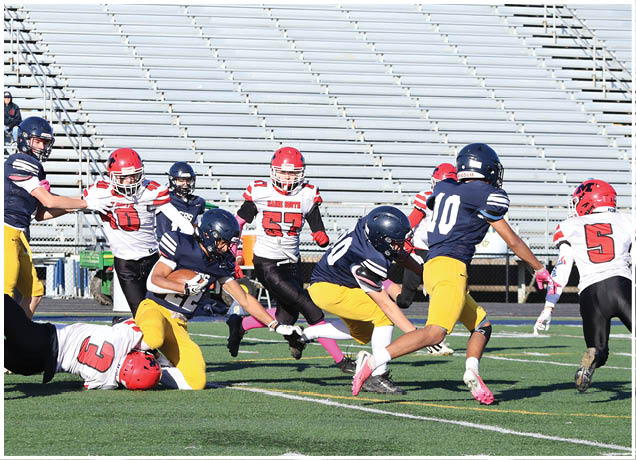 A group of people wearing football uniforms are actively playing on a field with bleachers in the background. Description generated by AI
