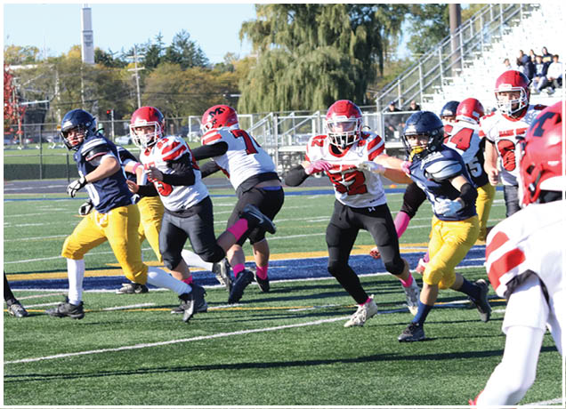 A group of people in football uniforms are actively playing on a field with one person in a blue jersey and yellow pants throwing a football while others in red and white or blue and yellow uniforms run and prepare to catch or block. Description generated by AI