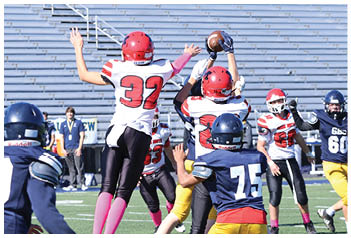 Children wearing helmets and football uniforms are actively playing on a grassy field with some jumping and others preparing to catch or block. Description generated by AI
