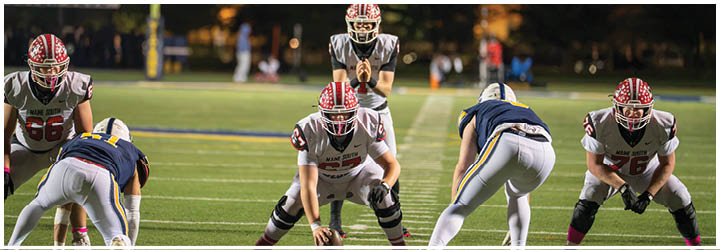 People in football uniforms are on a field with one person in white and red facing away and others in blue and white running or standing. Description generated by AI