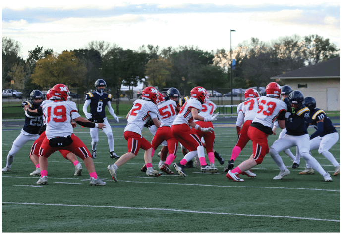 A group of people wearing red and white football uniforms and pink socks are posing together on a football field with a stadium and spectators in the background. Description generated by AI