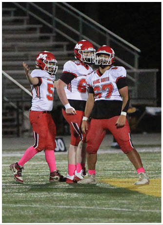 People wearing football uniforms and helmets stand on a field with empty bleachers in the background. Description generated by AI
