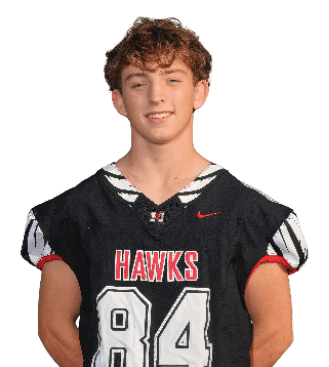 A person with short curly hair is wearing a black sports jersey with the word “HAWKS" and the number 84 on the front. Description generated by AI