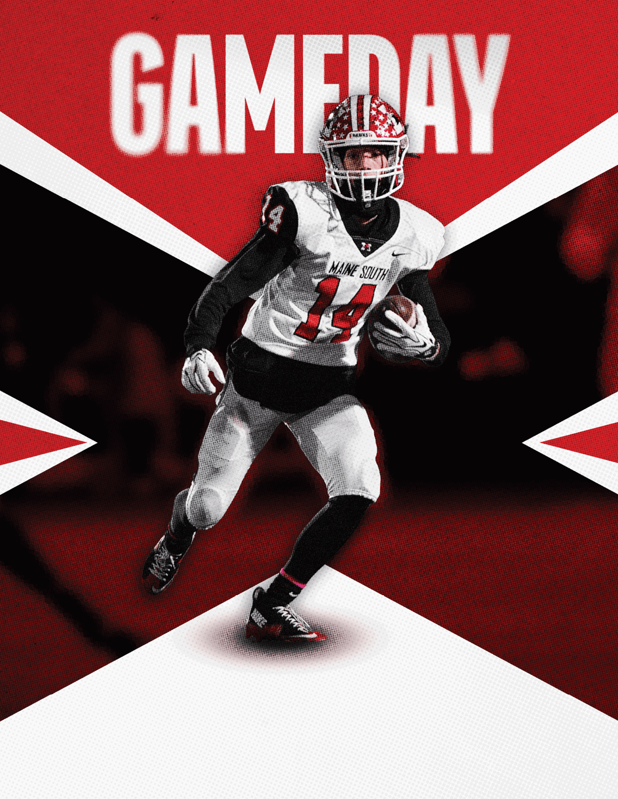 A person in a football uniform with the number 14 is running with a football against a red and white background with the word GAMEDAY in bold white letters. Description generated by AI